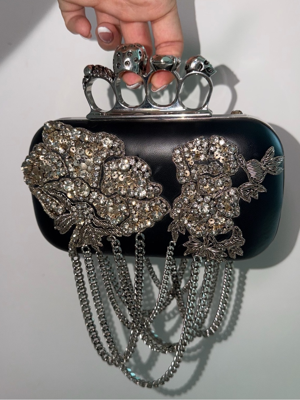 ALEXANDER MCQUEEN RUNWAY Embellished Black Floral Knuckle-Handle Clutch